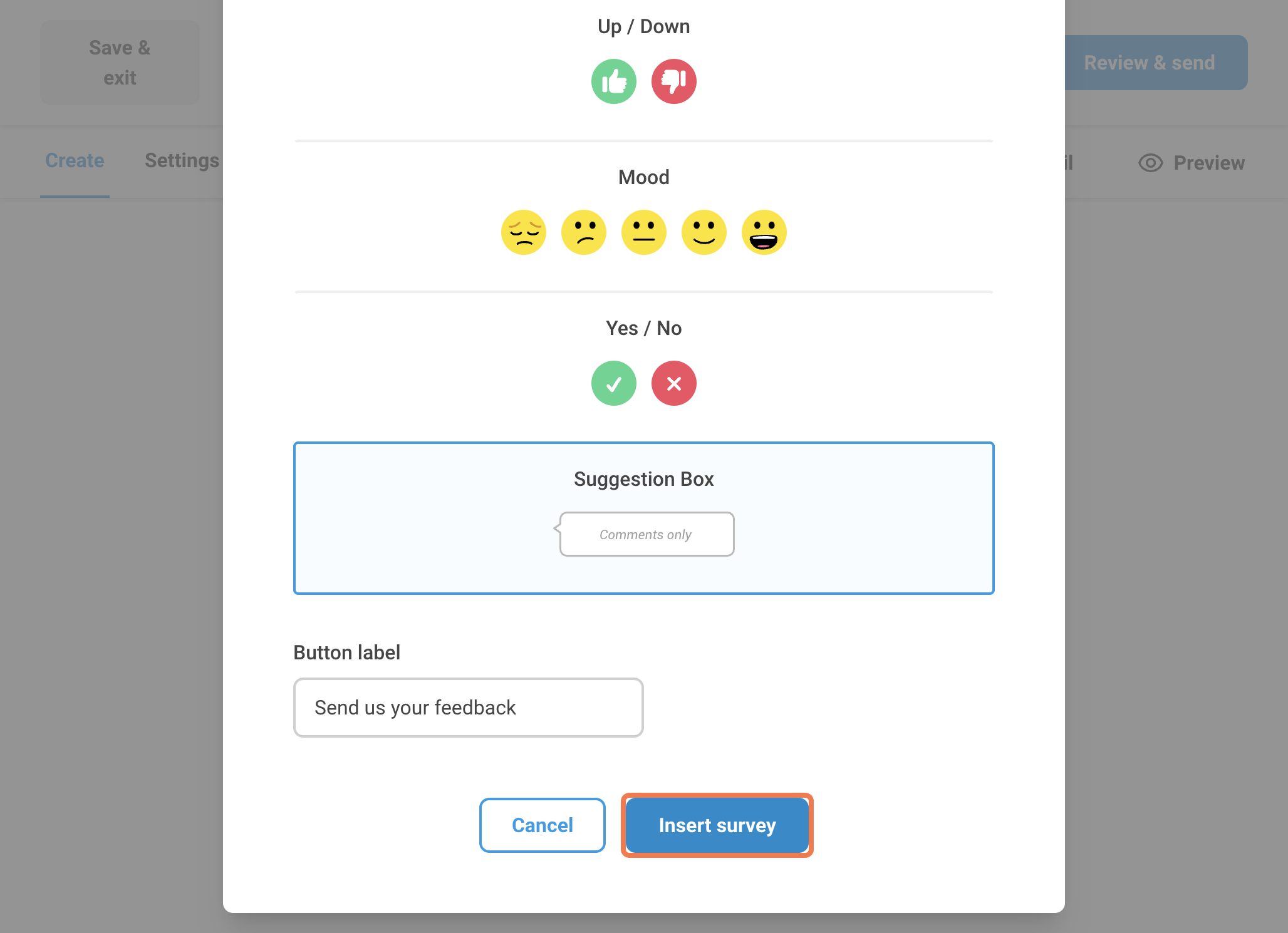 Click on Insert survey