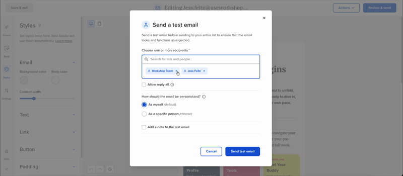 Adding recipients to a test email
