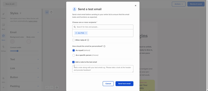 Adding a note to a test email