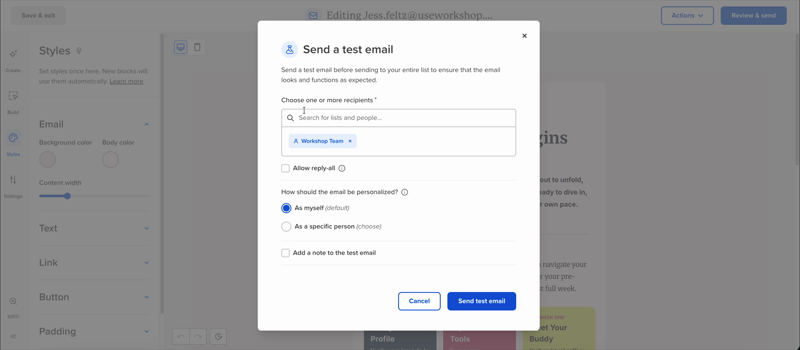 Send a test email modal