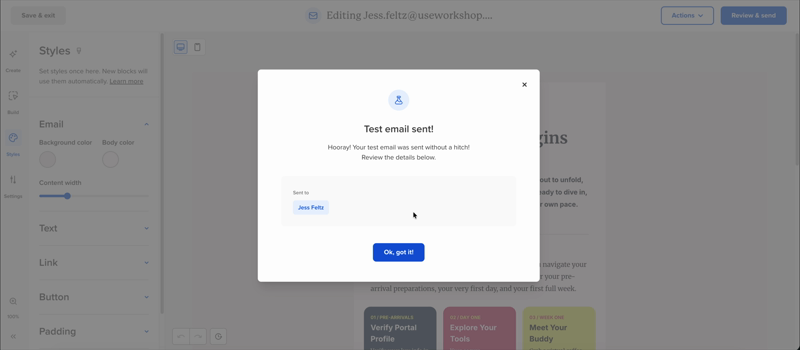 Test email sent confirmation