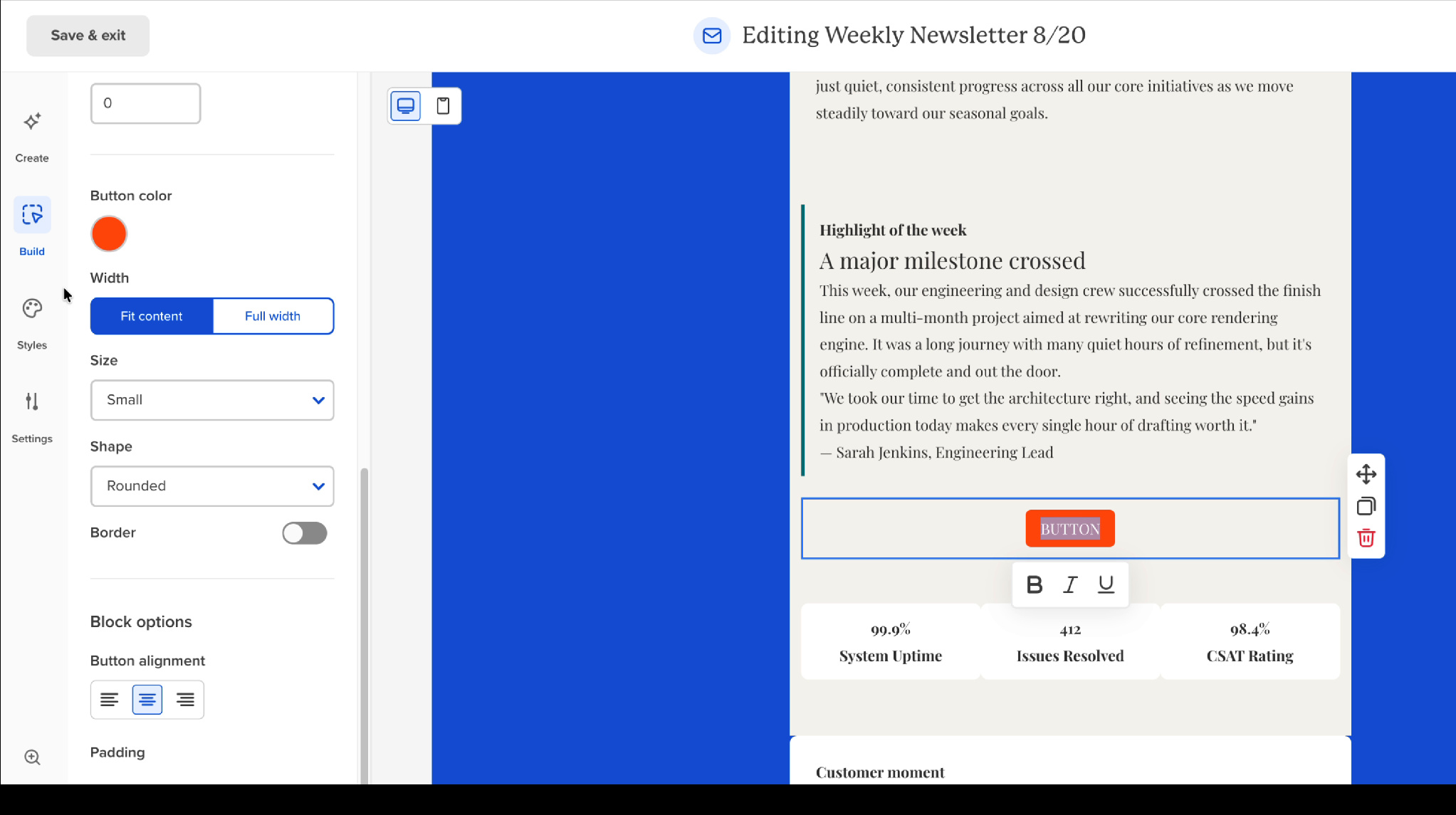 A button block with its color manually changed to orange, no longer matching the blue button style