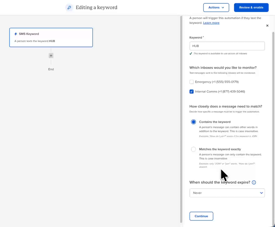 SMS Keyword trigger settings