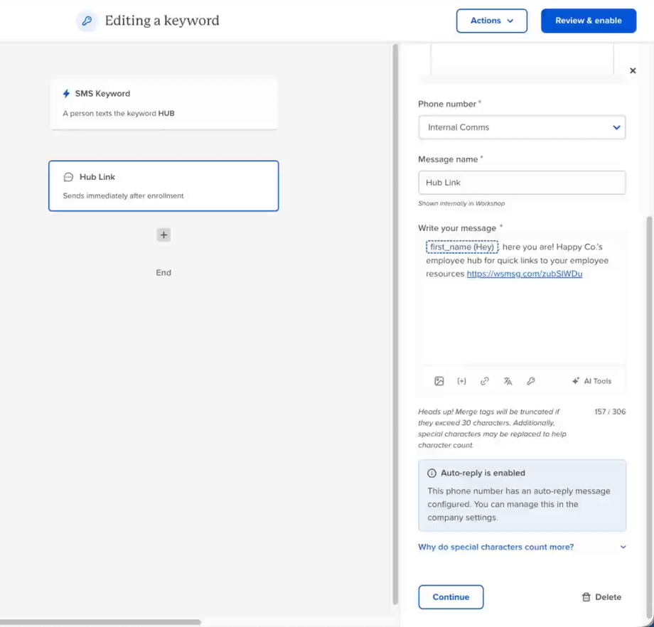 Text message step settings