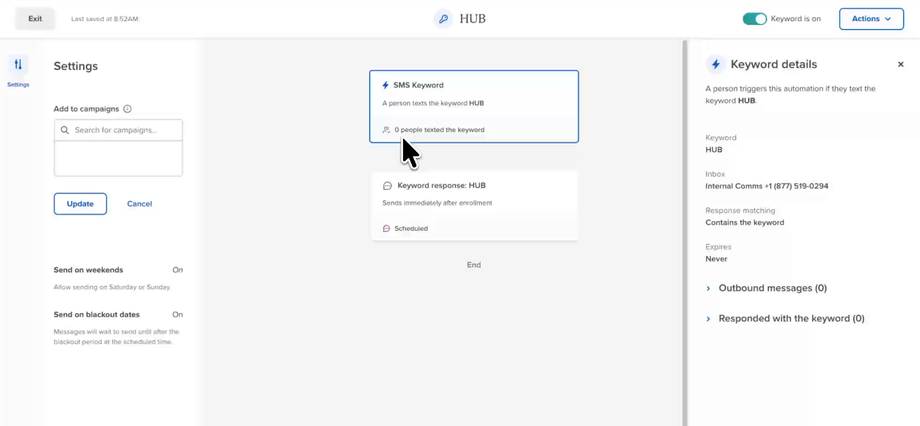 Keyword settings with Add to campaigns