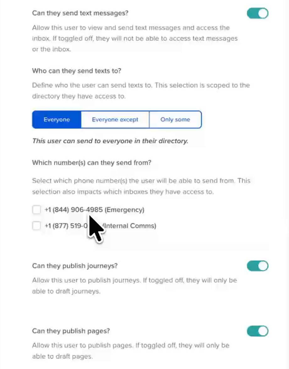 User text message permissions